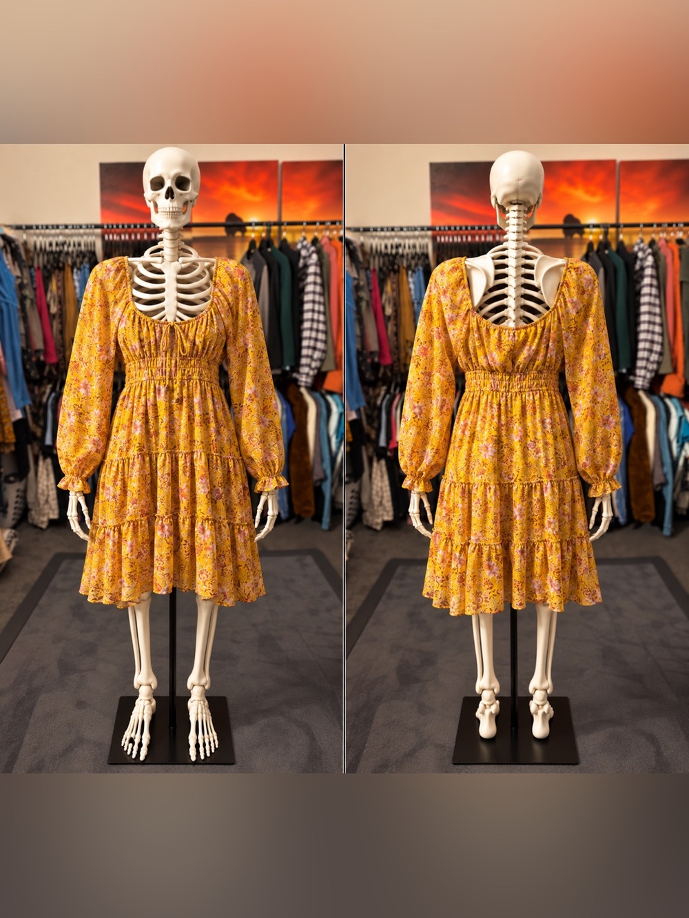 miami Mustard Yellow Floral Smocked Tiered Mini Dress